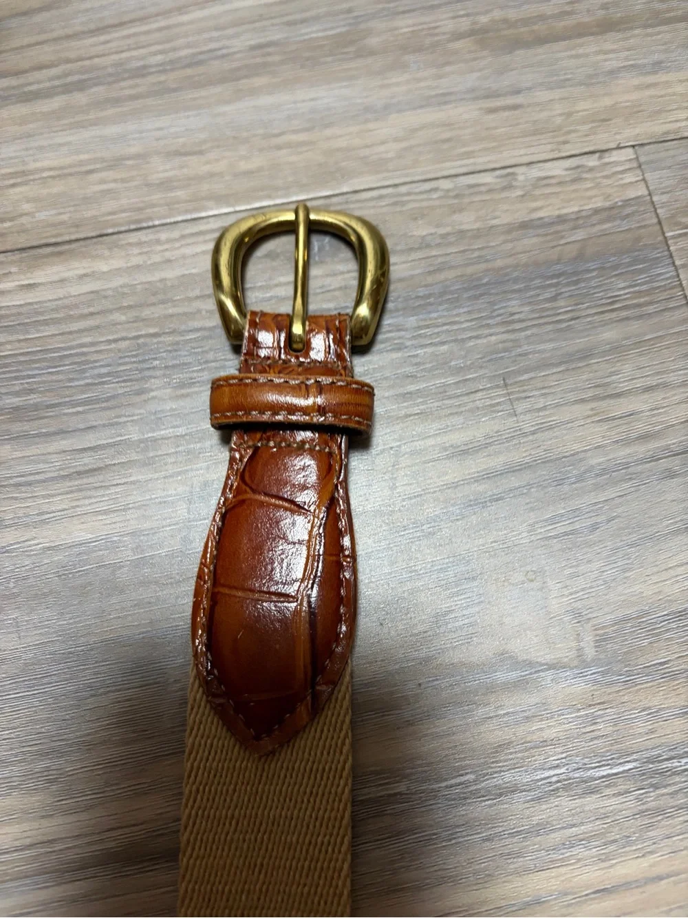Men’s Woven Canvas Croc Embossed Leather Belt Tan Brown Solid Brass 36